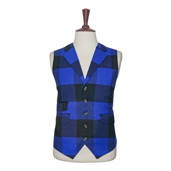 Mens 46R Wool Blue Black Buffalo Check Plaid Vest Waistcoat Wedding Party Formal
